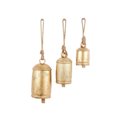 Three brass bells hanging on a rope, creating a melodious sound.