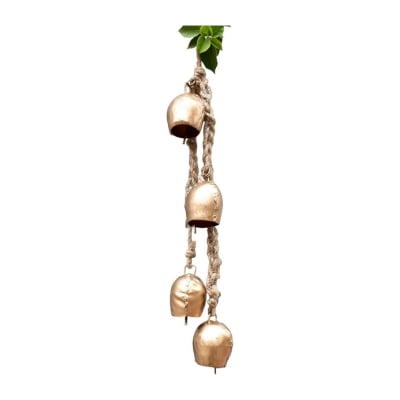 A set of four brass bells gracefully suspended by a rope, displayed against a pristine white background.