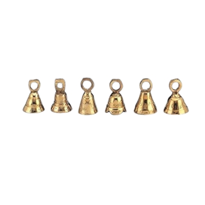 A row of brass bells on a white background.