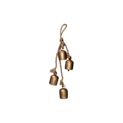 Four brass bells hanging from a rope.