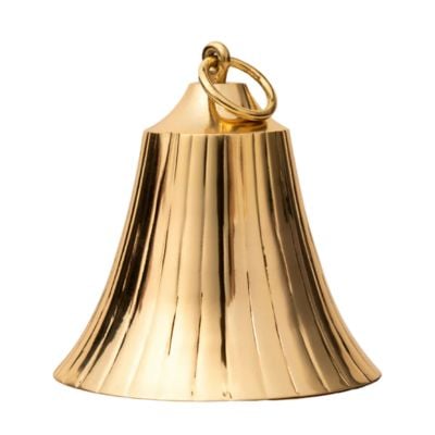 A shiny brass bell with vertical grooves and a round top ring for hanging, shown against a white background.