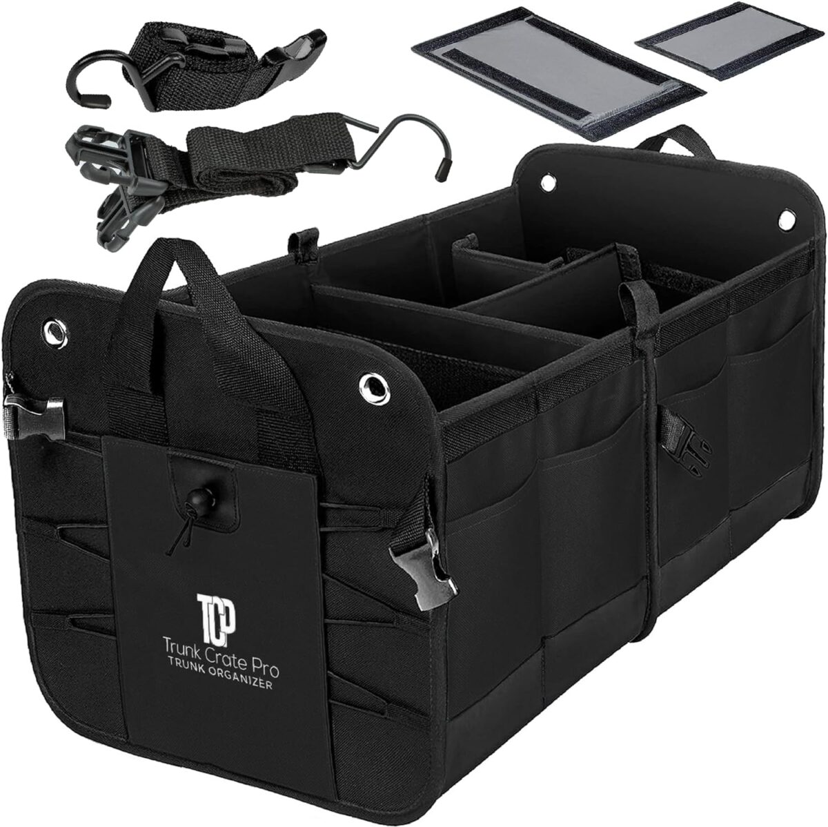 A black car trunk organizer featuring a tablet and phone, perfect for Cyber Monday deals.
