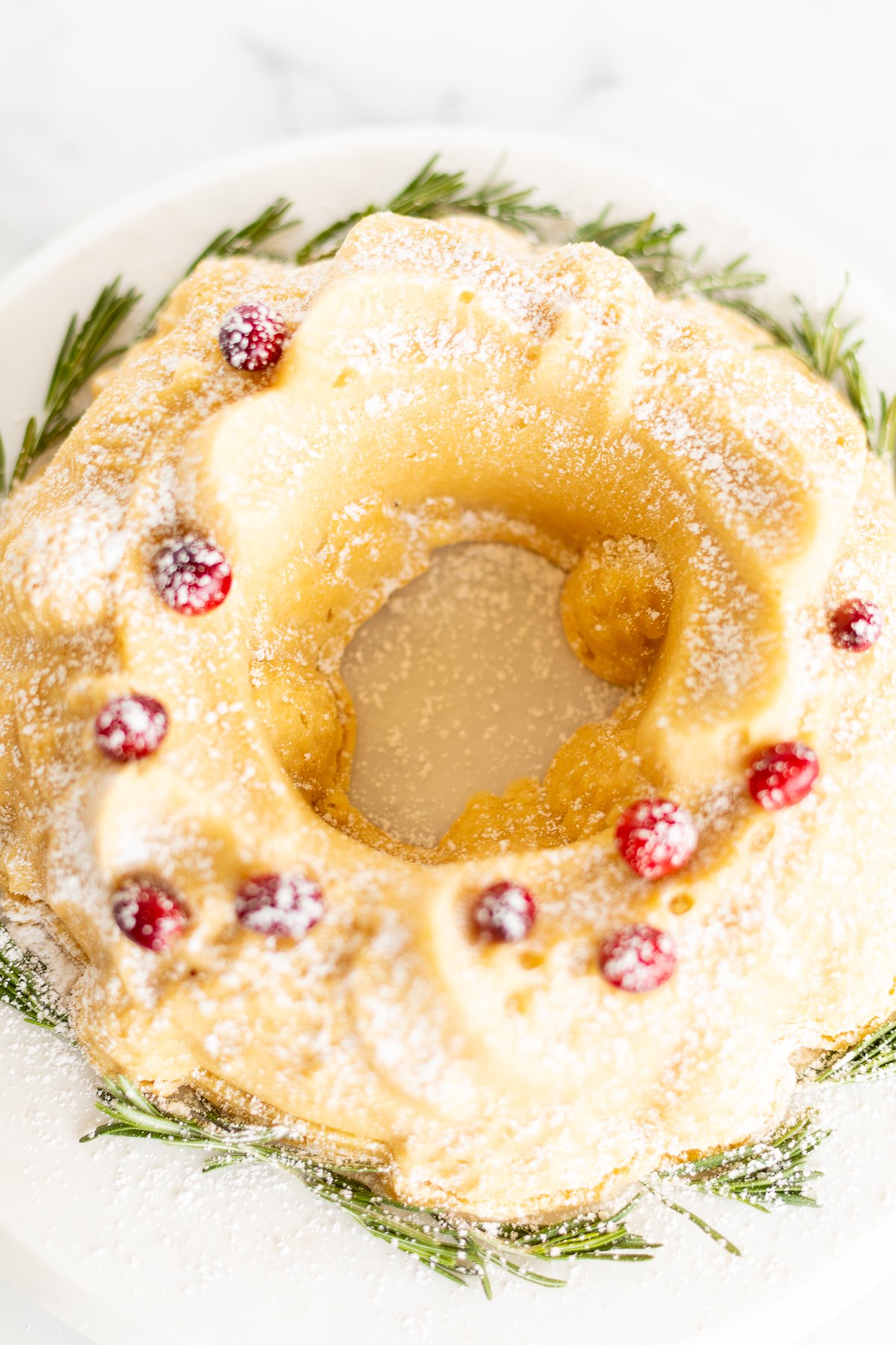 A Christmas bundt cake topped with cranberries and powdered sugar.