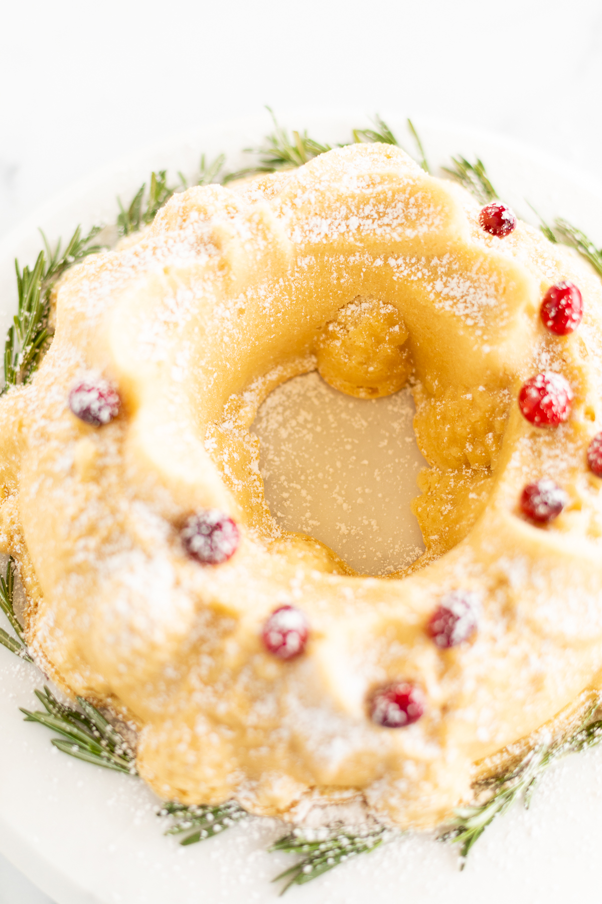 A Christmas Bundt Cake crowned with cranberries and a sprinkling of powdered sugar.