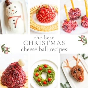 A graphic featuring a variety of holiday cheeseballs, titled "the best christmas cheese ball recipes".