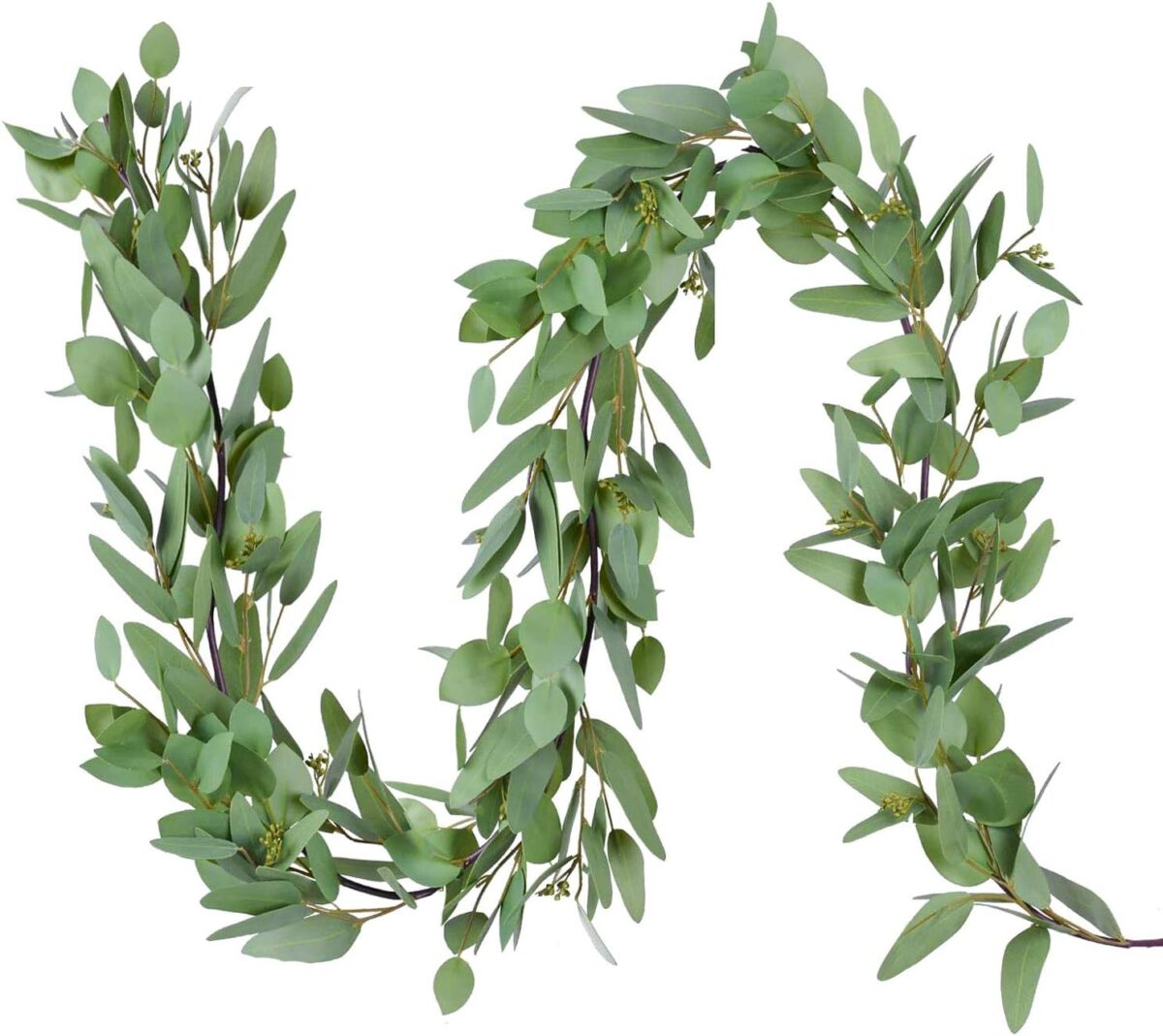 Eucalyptus garland with christmas decorations on a white background.