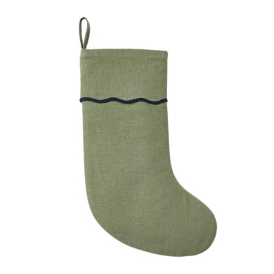 A green Christmas stocking with black trim, perfect for festive Christmas decorations.