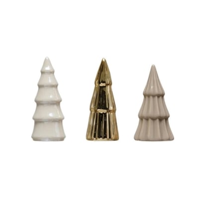 Three ceramic Christmas trees, beautifully adorned with holiday decorations, on a pristine white background.