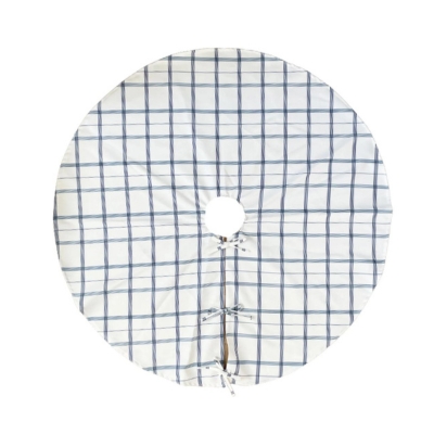A festive Christmas tree skirt in a blue and white checkered pattern, perfect for enhancing your Christmas decorations.