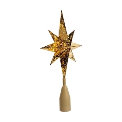 A gold star shaped Christmas tree adorned with festive decorations on a white background.
