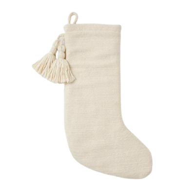 A festive Christmas stocking adorned with a tassel, perfect for holiday decorations.