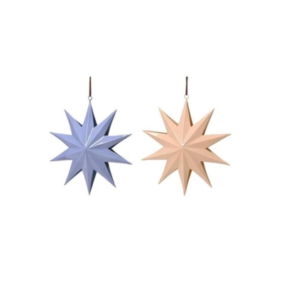 Two blue and pink star shaped christmas decorations hanging on a white background.