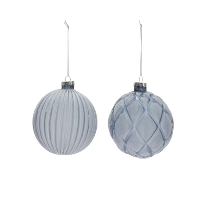 Two blue glass ornaments hanging on a white background, perfect for Christmas decorations.