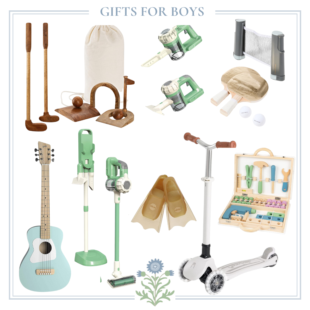 Gift ideas for boys: This collection offers a variety of toys including a guitar and a scooter.