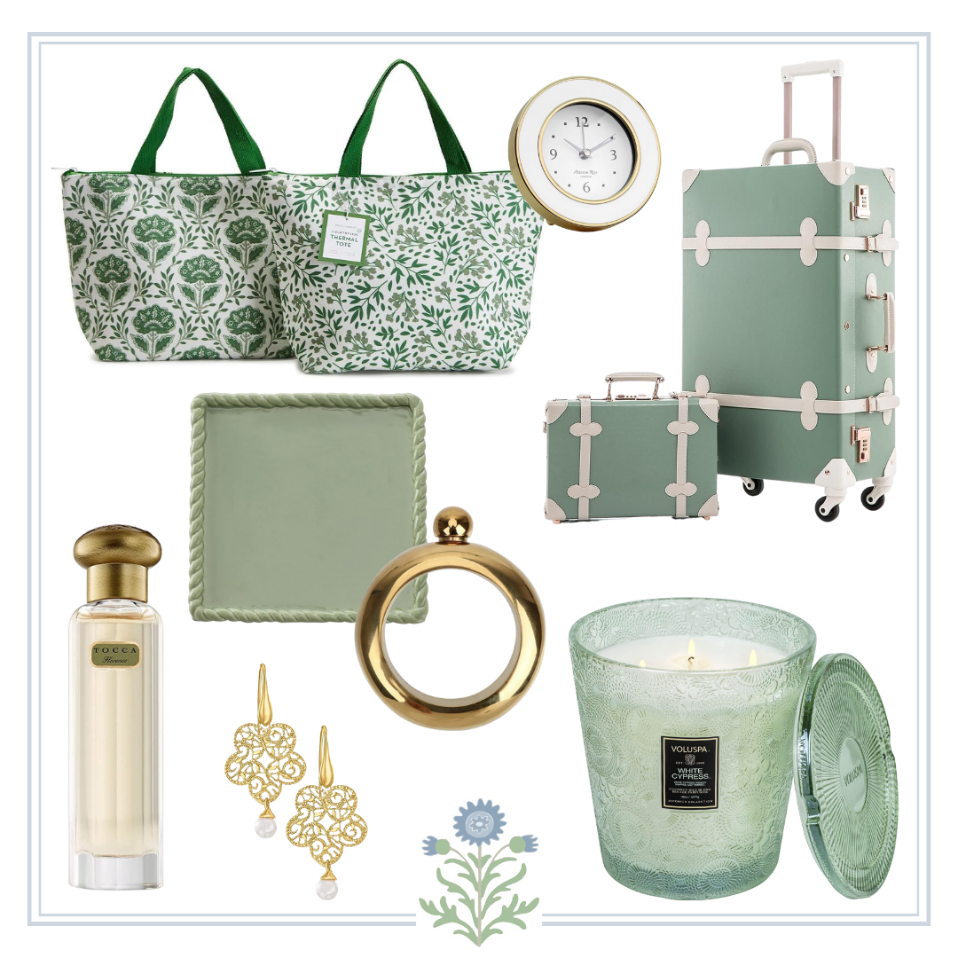 A selection of green and gold gift ideas, featuring a bag and a candle.