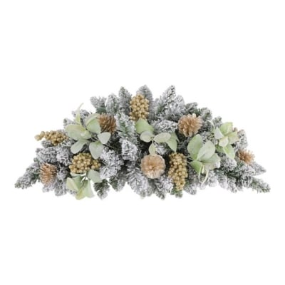A festive snowy Christmas centerpiece adorned with pine cones and pinecones.