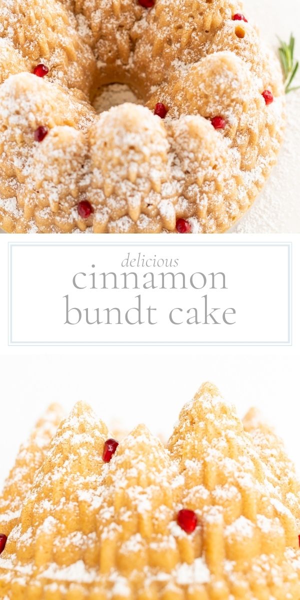 A cinnamon bundt cake with powdered sugar on top, also known as a cinnamon pound cake.
