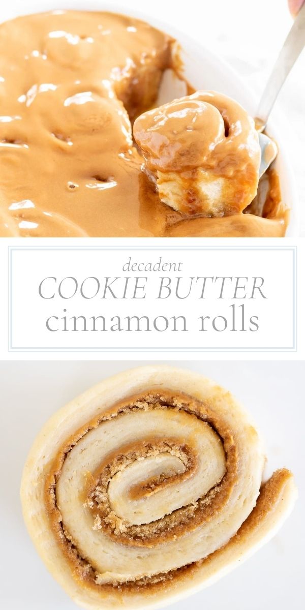Cookie butter cinnamon rolls on a plate. The indulgent combination of cookie butter and warm, gooey cinnamon rolls will surely satisfy your cravings.