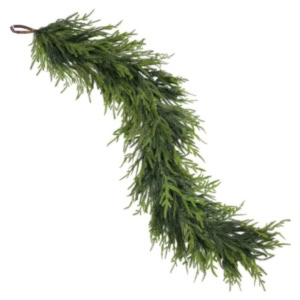 A green norfolk pine garland with dense, needle-like foliage and a convenient loop at one end for easy hanging.