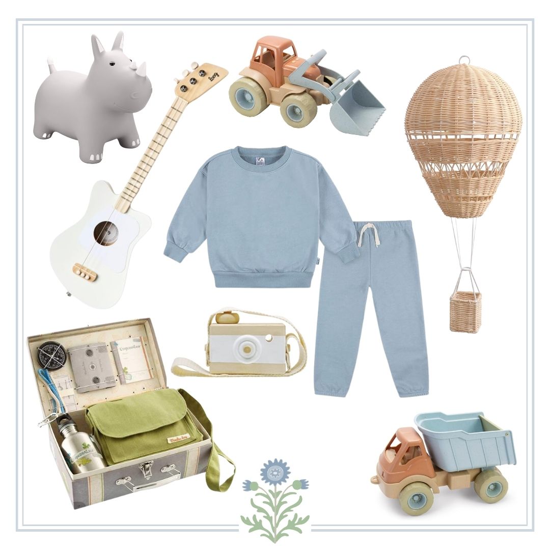 A collage of children's toys, including a toy car and a hot air balloon, perfect gift ideas for kids.