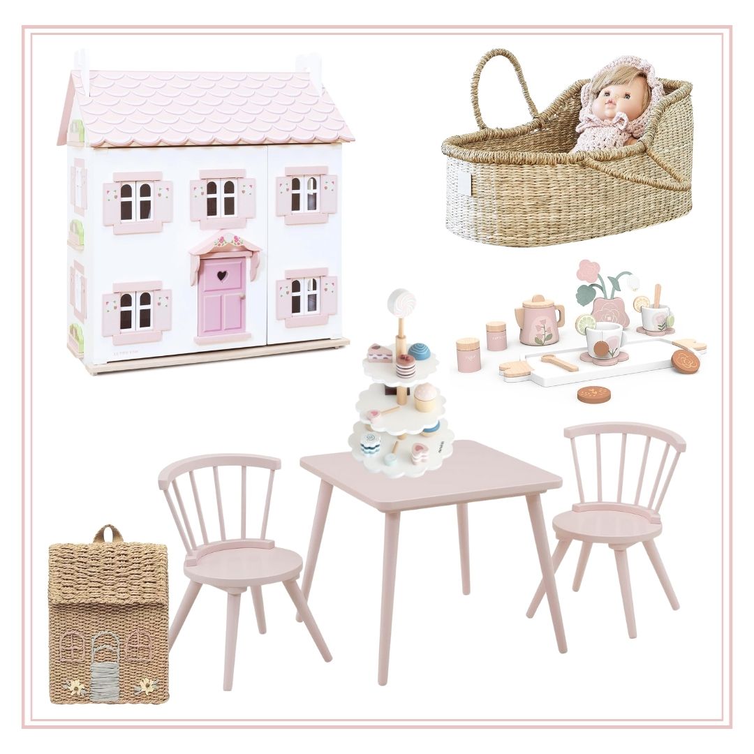 A collection of pink and white toys, including a baby's nursery, perfect for gift ideas.