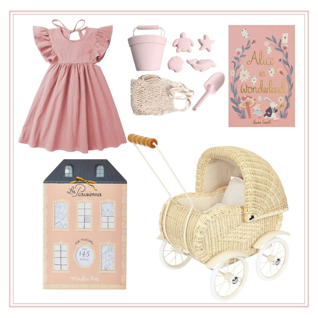        Gift ideas: A pink baby girl's gift set with a wicker carriage and other items.