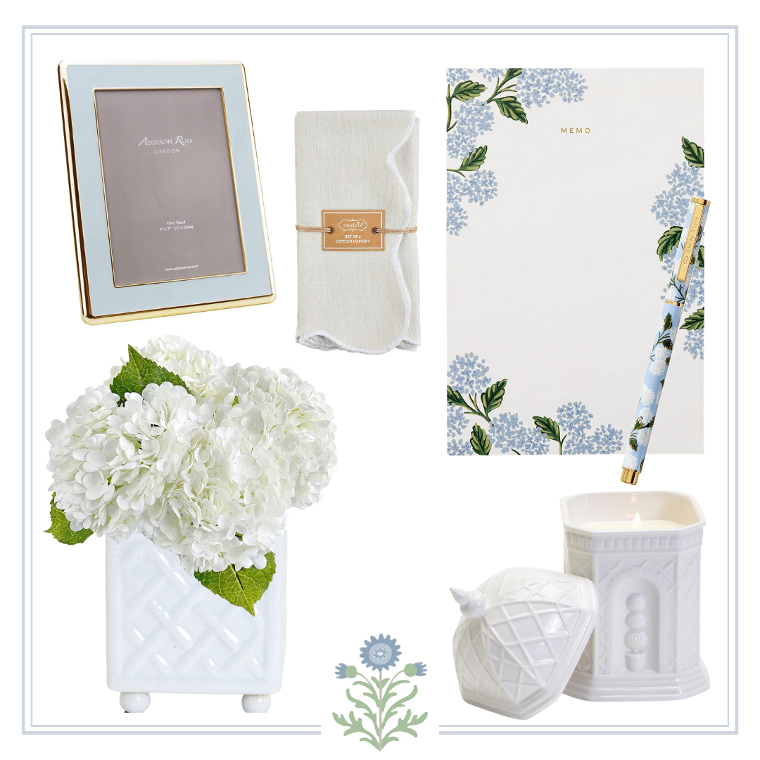 Gift ideas: A collection of blue and white items, including a vase and a notepad, perfect for giving as presents.