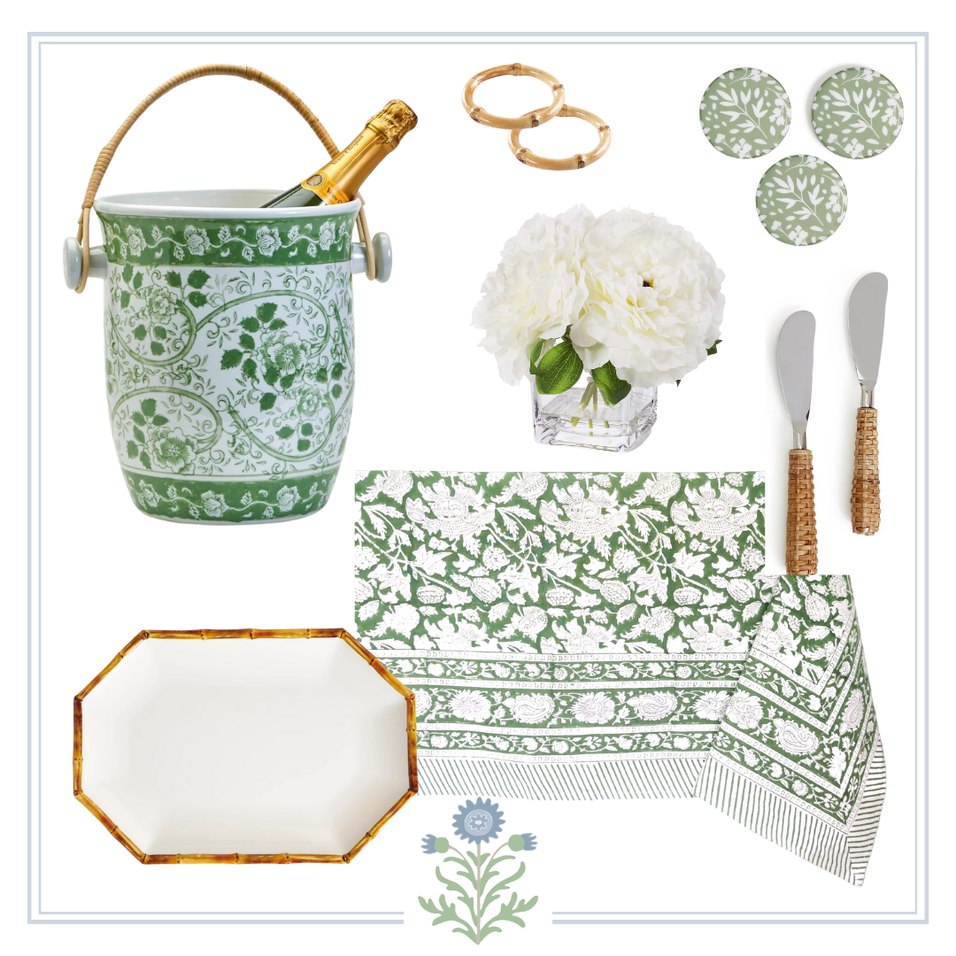 A luxurious gift idea featuring a beautiful green and white table setting with a bottle of champagne.