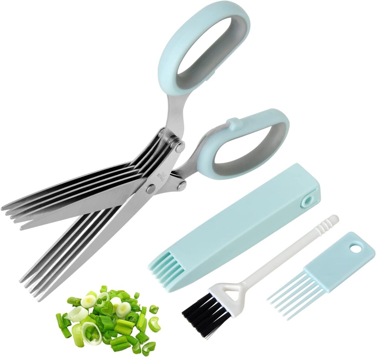 A set of kitchen gifts including scissors, a knife, and a chopping board.