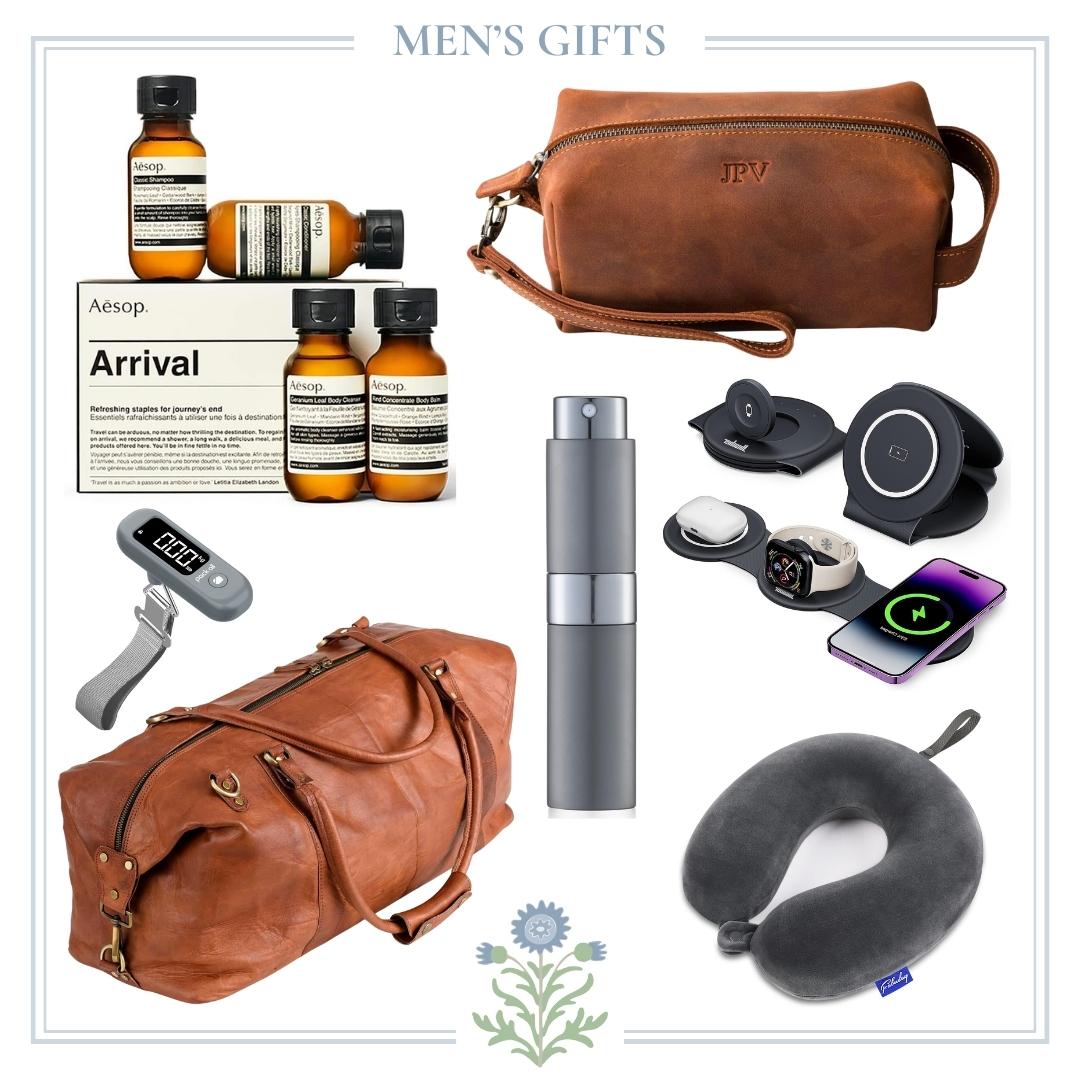 A curated selection of gift ideas for men, featuring a stylish travel bag and various other items.