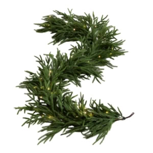 Artificial norfolk pine garland with small built-in LED lights, arranged in a zigzag shape on a white background.