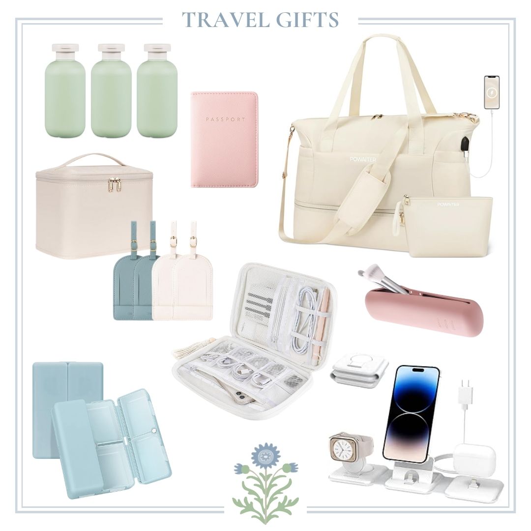 A collection of travel items with the words travel gifts. Perfect gift ideas for any globetrotter or adventure enthusiast.