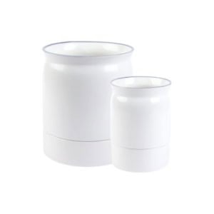 Two white cylindrical ceramic jars with lids, varying in size, are elegantly displayed against a plain background, perfect for seamless kitchen counter organization.