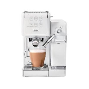 White espresso machine with a milk frother and a glass mug containing a frothed coffee beverage on the tray, perfectly complementing your kitchen counter organization.