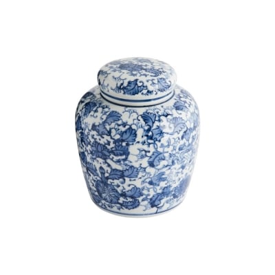 A blue and white ceramic jar with a lid.