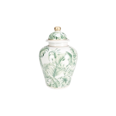 A green and white jar with a gold lid.