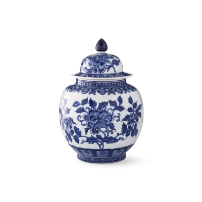 A blue and white ginger jar with a lid.