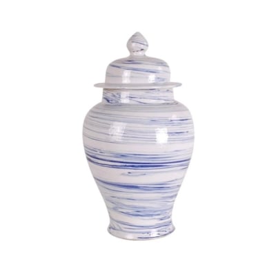 A blue and white ceramic urn with a lid.