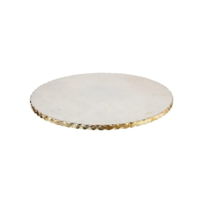 A white marble cake plate with gold rim, perfect for kitchen counter organization.