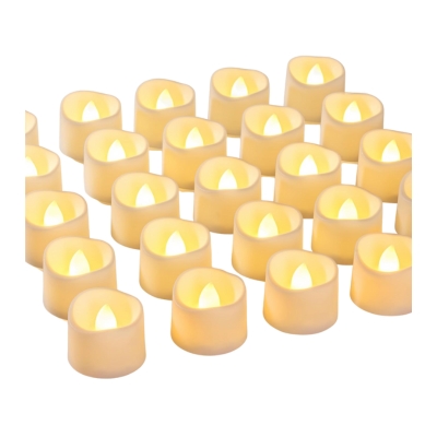 A group of flameless yellow LED candles on a white background.