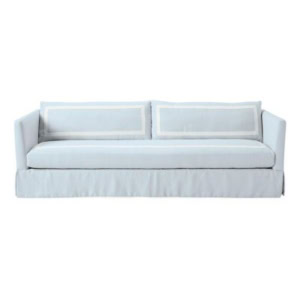 Light blue Serena and Lily Sofa with a straight back, two rectangular back cushions, and a skirted base.