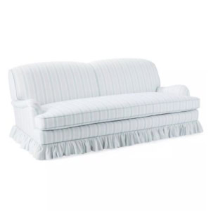 Light blue and white striped Serena and Lily Sofa with a ruffled skirt and cushioned seat, back, and armrests.