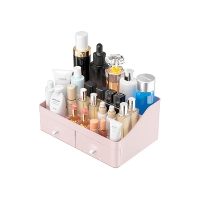 A pink makeup organizer with many cosmetics in storage containers.