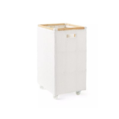 A white wicker basket with wheels on a white background, perfect for storage containers.