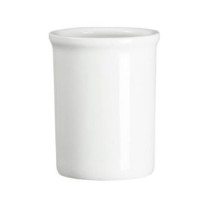 A plain white ceramic cylindrical container with a slightly wider rim sits elegantly against a white background, perfect for adding a touch of minimalist style to your kitchen counter organization.