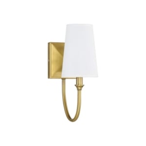 A bathroom sconce with a white shade.