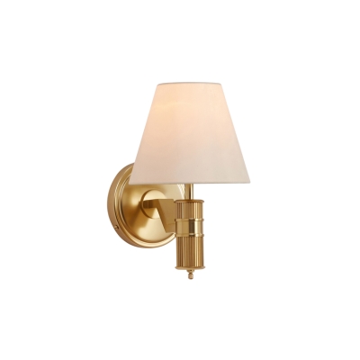 A brass wall sconce with a white shade, perfect for bathroom sconces.