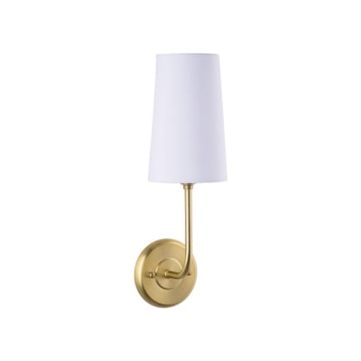 A gold bathroom sconce with a white shade.