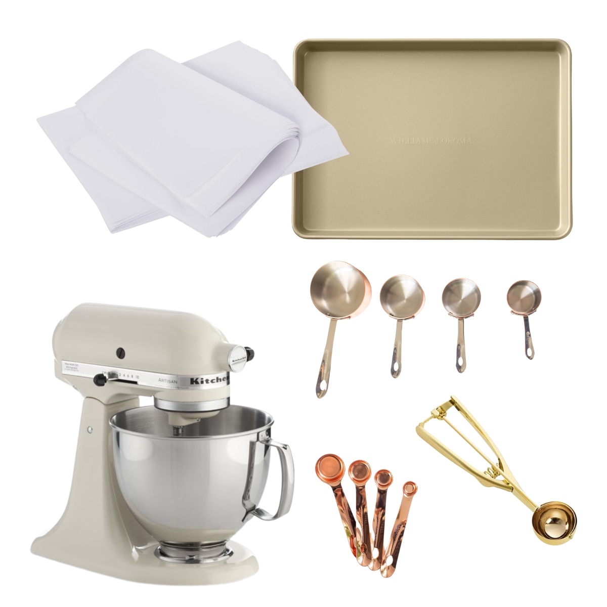 A kitchenaid mixer is shown, along with spoons and utensils used for baking toffee cookies.
