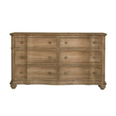 A curved wooden dresser with drawers and knobs.